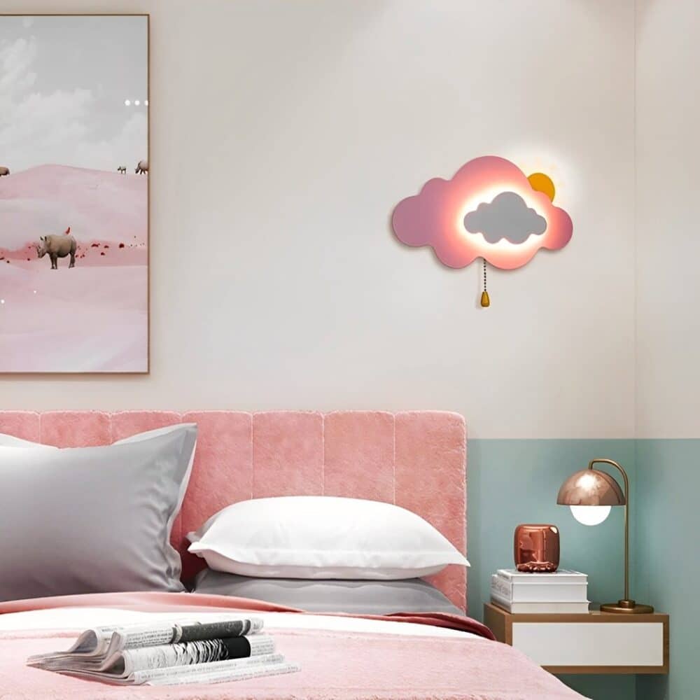 Cloud and sun wall lamp with pull cord on a wall in a child's bedroom