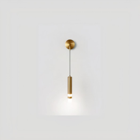 Suspended wall light in gold with hanging tube.