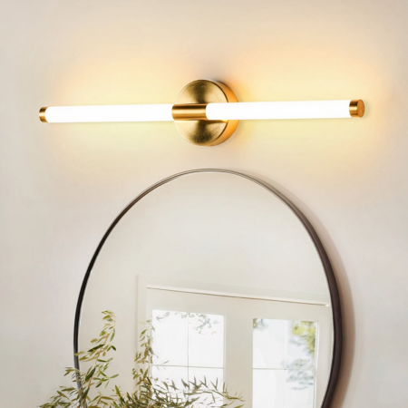 Neon wall light with warm light hanging on the wall above a mirror reflecting a window.