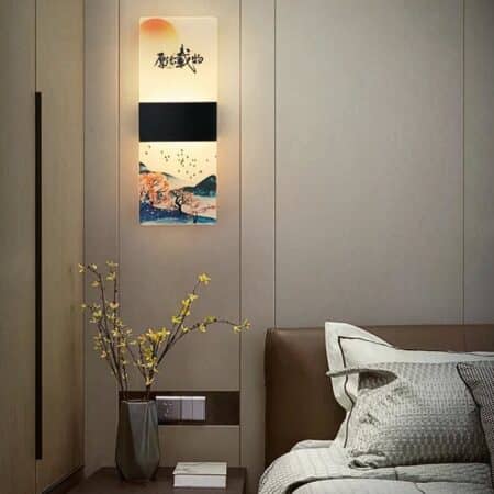 we see a rectangular wall lamp with a Japanese landscape drawn on it in a modern bedroom with gray wallpaper