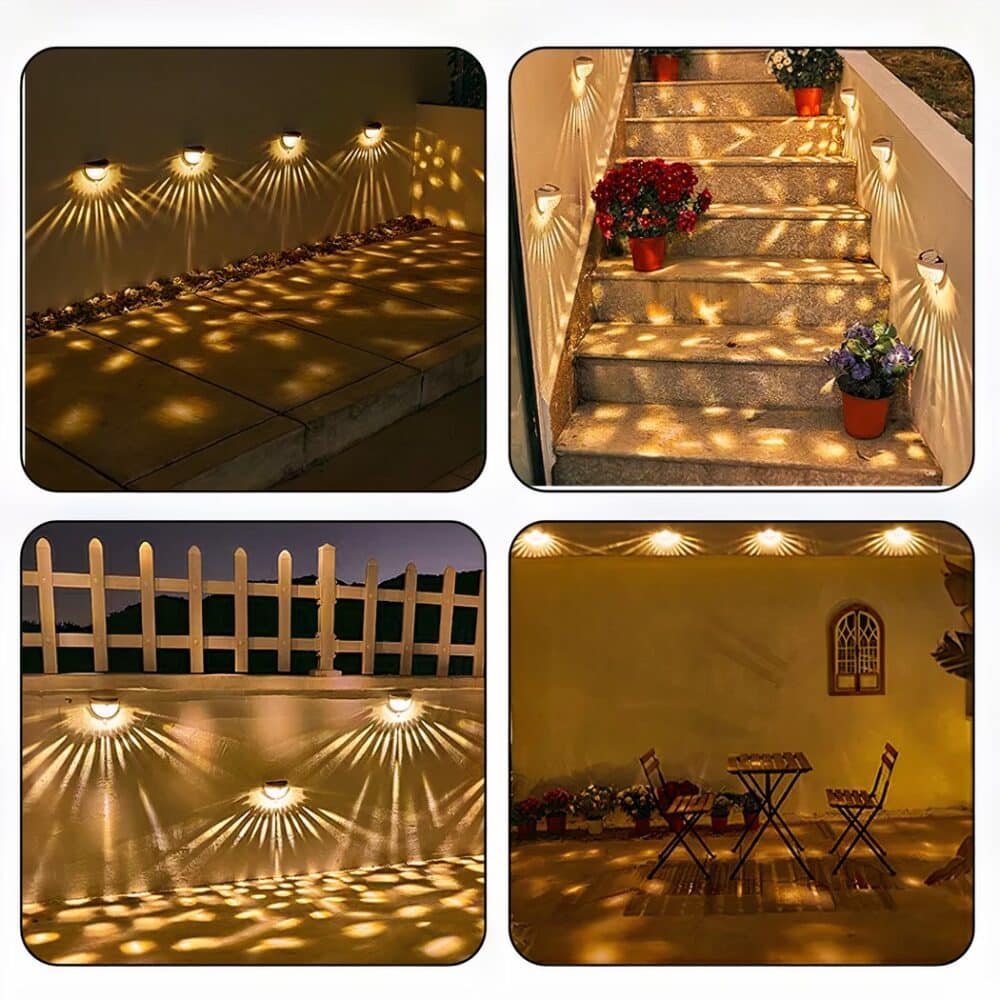 4 different decors in 4 square vignettes. top left, terrace with 4 solar wall lights fixed to a wall, top right, staircase with flower pots and solar wall lights on the left and right walls, bottom left, bottom left, outside wall with fence above and 3 solar wall lights fixed to the wall, bottom right, terrace with a table and 2 chairs, flower pots at the back and wall with 4 solar wall lights above on the wall.