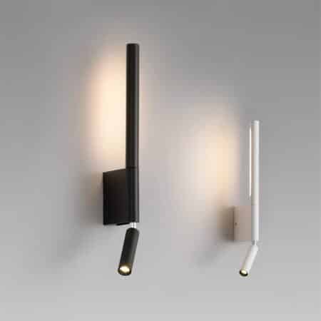 2 stem wall sconces, one black on the left and one white on the right, with one light on the stem and a swivel head at the bottom of the stem with light on.