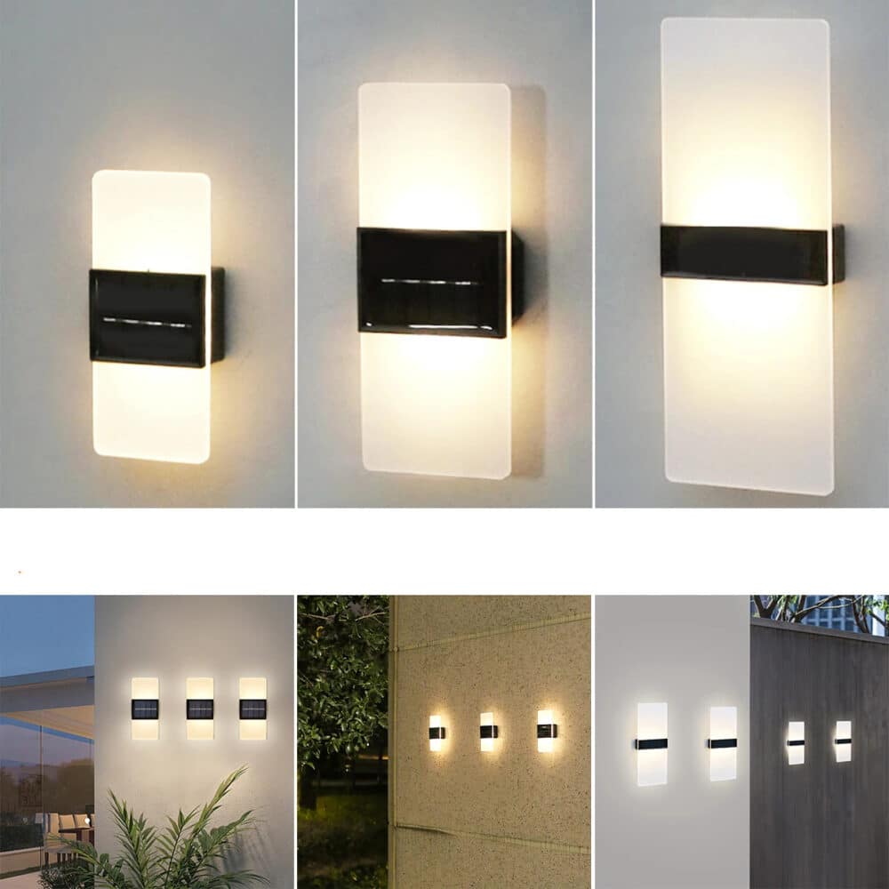 Image divided into several parts. On the top part, there are 3 rectangular acrylic sconces with the central part used for solar recharging. 3 different sizes, from the shortest on the left to the longest on the right. They are lit and mounted on a white wall. On the bottom section, 3 different photos of rectangular wall lights of different sizes mounted on exterior walls and lit.