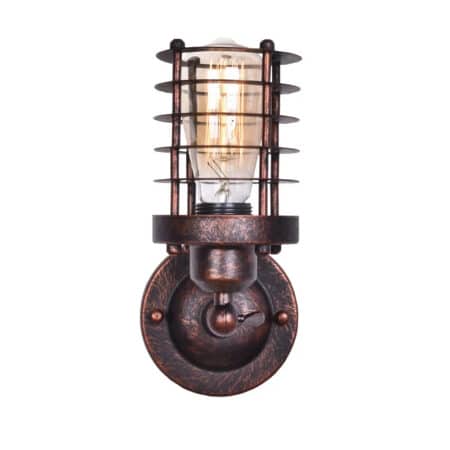 Industrial-style wall sconce in metallic brown with a grid protecting the bulb when lit. White background.