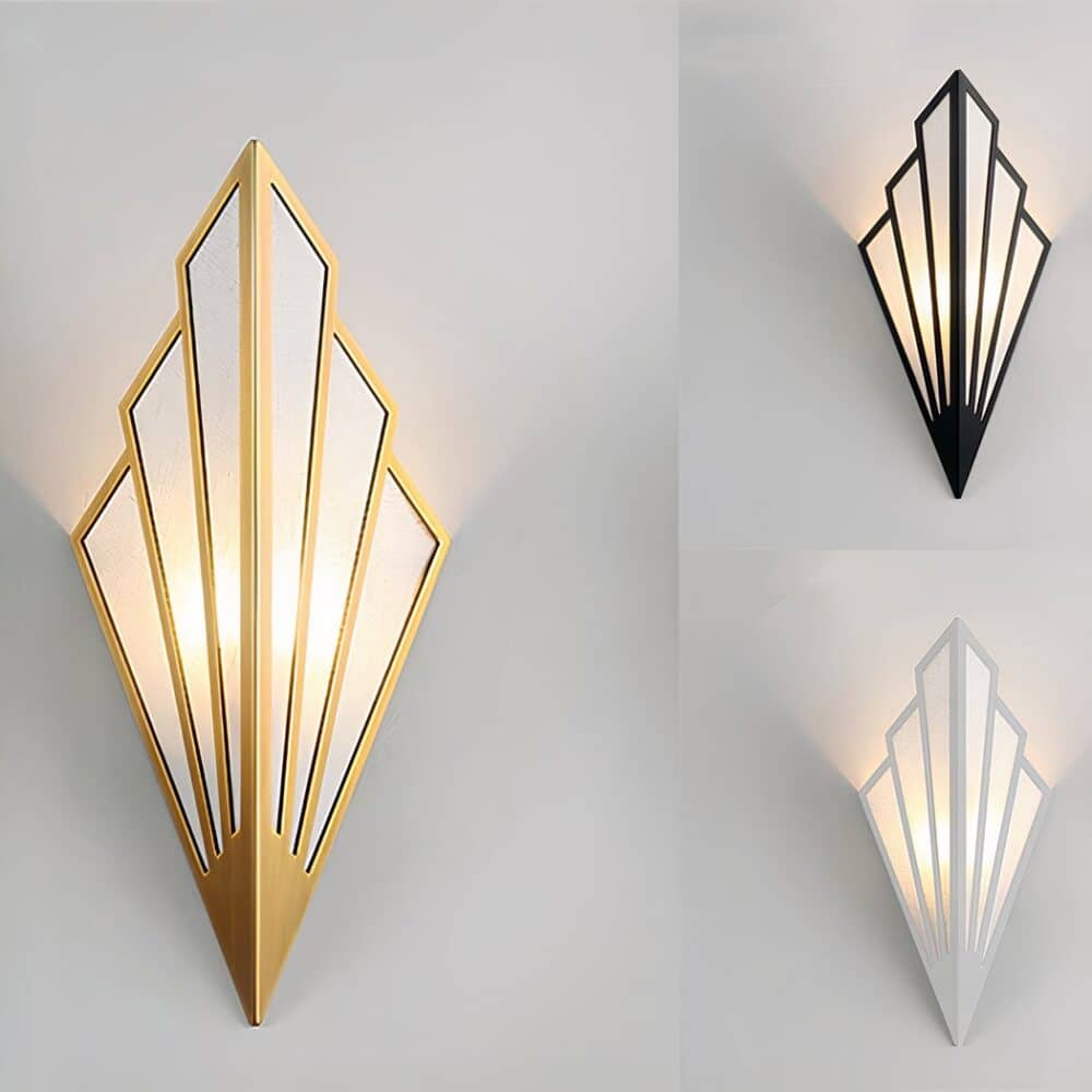 Identical wall sconce in a different color. Geometric diamond shape with metal structure and fabric. The one on the left is gold, the top right black and the bottom right white. They are switched on and emit a visible light through the fabric and above the sconce