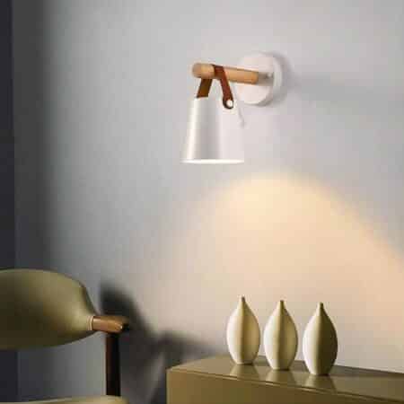 we see a white wall light with a leatherette strap on a light grey wall