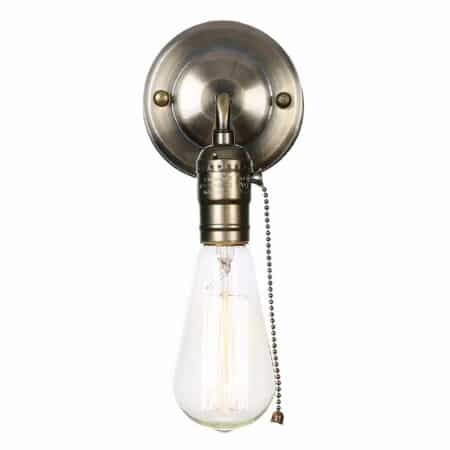 Simple industrial wall light in grey metal imitating industrial taps with a light bulb at the end. On the right-hand side, a chain.