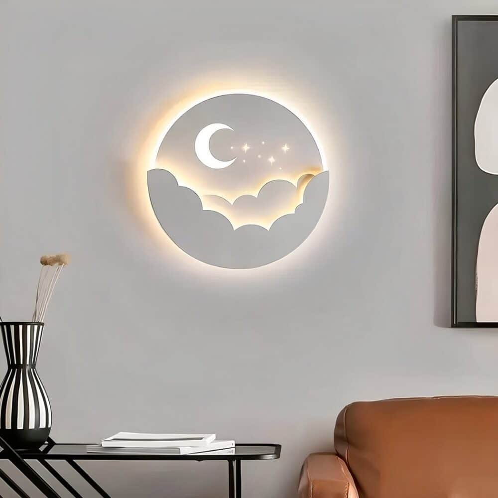 a cloud and white moon-shaped wall light is seen in a living room