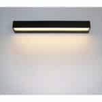 on a light gray wall, a black horizontal wall sconce for outdoor use
