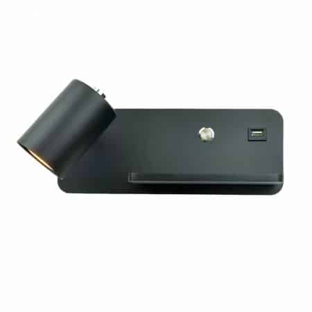 Black rectangle wall light with left-hand spotlight, phone holder, integrated gray switch, USB port On white background