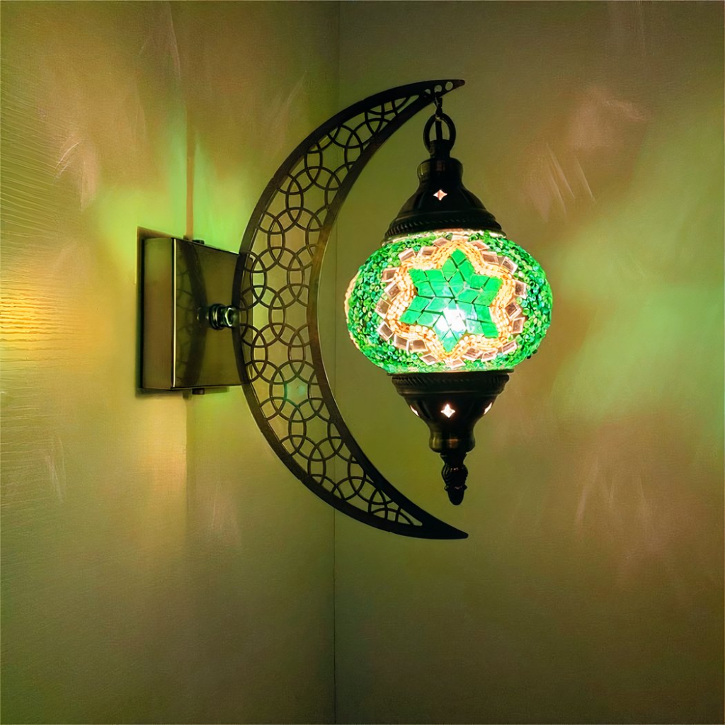 Oriental-style moon wall lamp with mosaic fixed to a wall