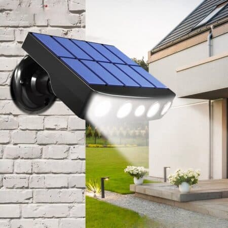 Broad-spectrum solar wall light with motion detector mounted on a garden wall to illuminate the pathway.