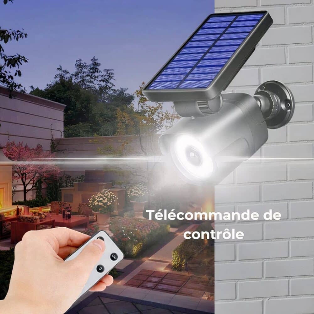 Rotating solar-powered wall light, lit in front of a white wall and controlled by its remote control.